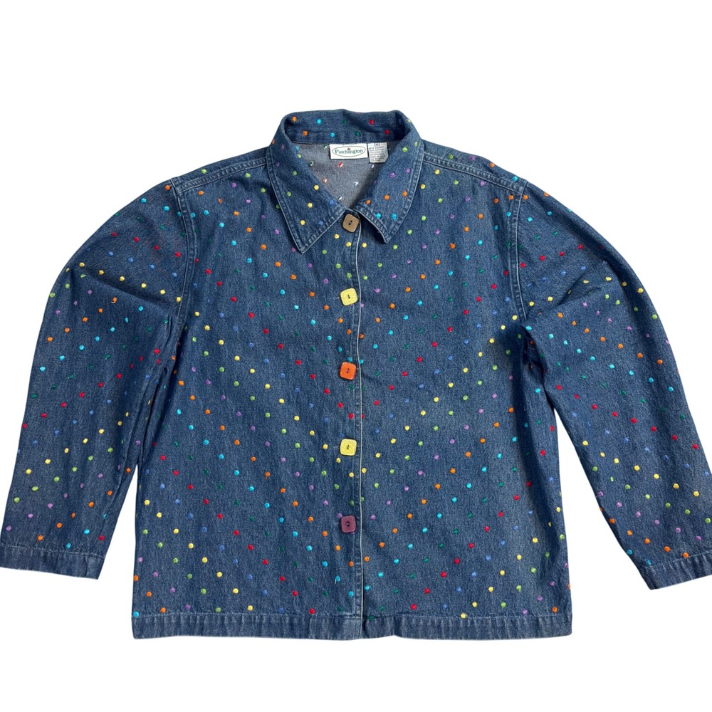 Vintage Patchington Denim Jacket  Embroidered Polka Dot Buttons Women's Medium